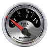 AutoMeter 1215 American Muscle 2-1/16” Fuel Level gauge, Electrical, sender range 73 ohmsE/10 ohmsF, silver face, analog, sold individually