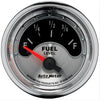 AutoMeter 1214 American Muscle 2-1/16” Fuel Level gauge, Electrical, sender range 0 ohmsE/90 ohmsF, silver face, analog, sold individually