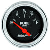AutoMeter 2516 Traditional Chrome 2-1/16” Fuel Level gauge, Electrical, sender range 240 ohmsE/33 ohmsF, black face, analog, sold individually