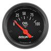 AutoMeter 2634 Z-Series 2-1/16” Oil Pressure gauge, Electrical, range 0-100 PSI, black face, incandescent lighting, analog, sold individually