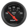 AutoMeter 2636 Z-Series 2-1/16” Differential Temperature gauge, Electrical, ranges 100-250° F, black face, incandescent lighting, analog, sold individually