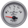 AutoMeter 4913 Ultra-Lite II 2-1/16” Fuel Level gauge, Electrical, sender range 0 ohmsE/90 ohmsF, silver face, LED lighting, analog, sold individually